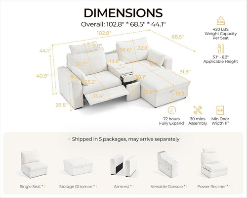 102.8 Inch White Chenille Power Recliner Sofa With Headrest Storage USB Table Wall Hugger