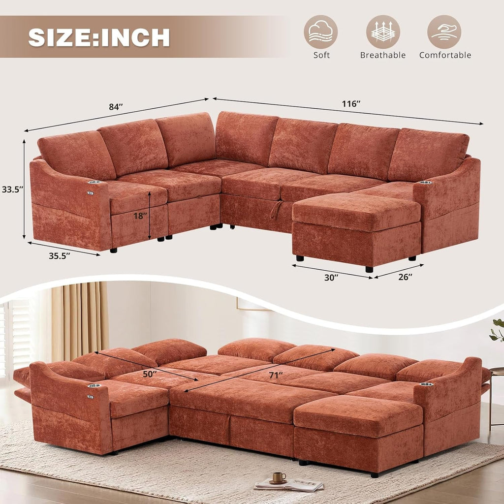 Orange Chenille Modular Sleeper Sofa with USB