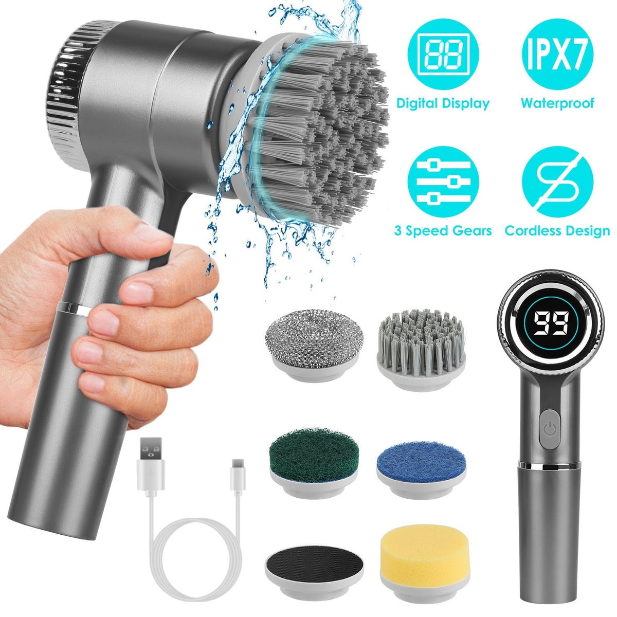Cordless Electric Spin Scrubber with 5 Brush Heads