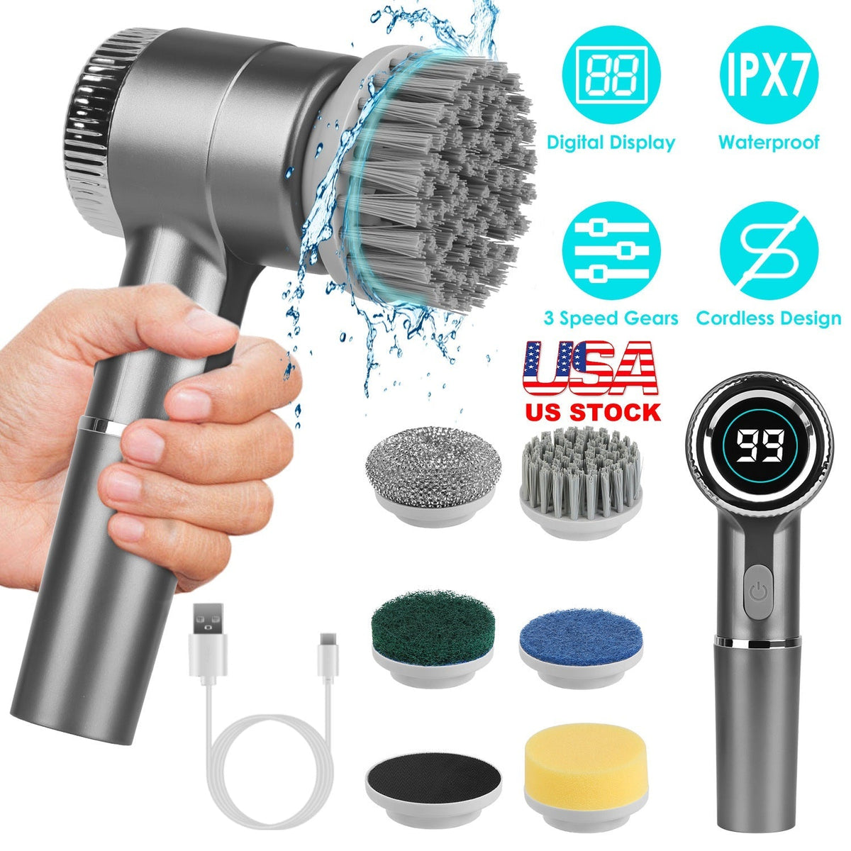 Cordless Electric Spin Scrubber with 5 Brush Heads