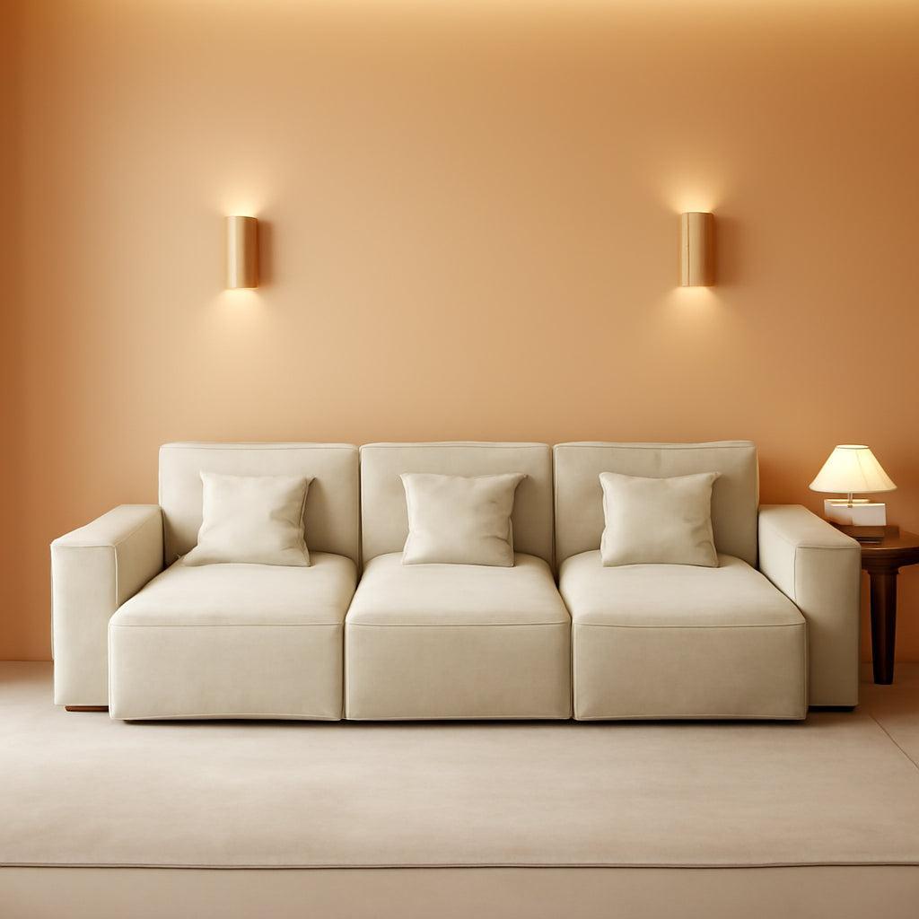 Modular Sectional Sofa With Velvet Beige Finish Recliner Compact Layout