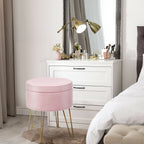 Round Velvet Storage Ottoman Footrest Stool Vanity Chair with Metal Legs