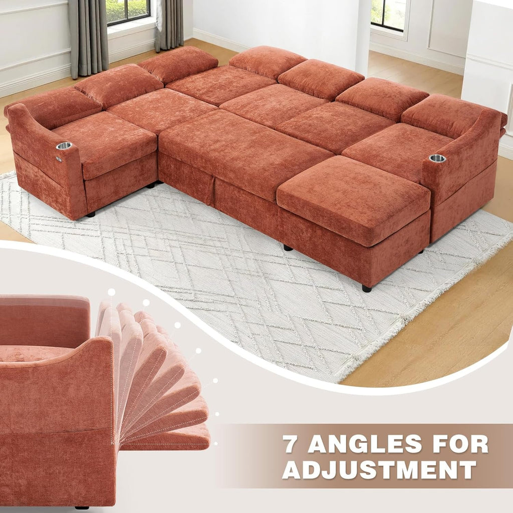 Orange Chenille Modular Sleeper Sofa with USB