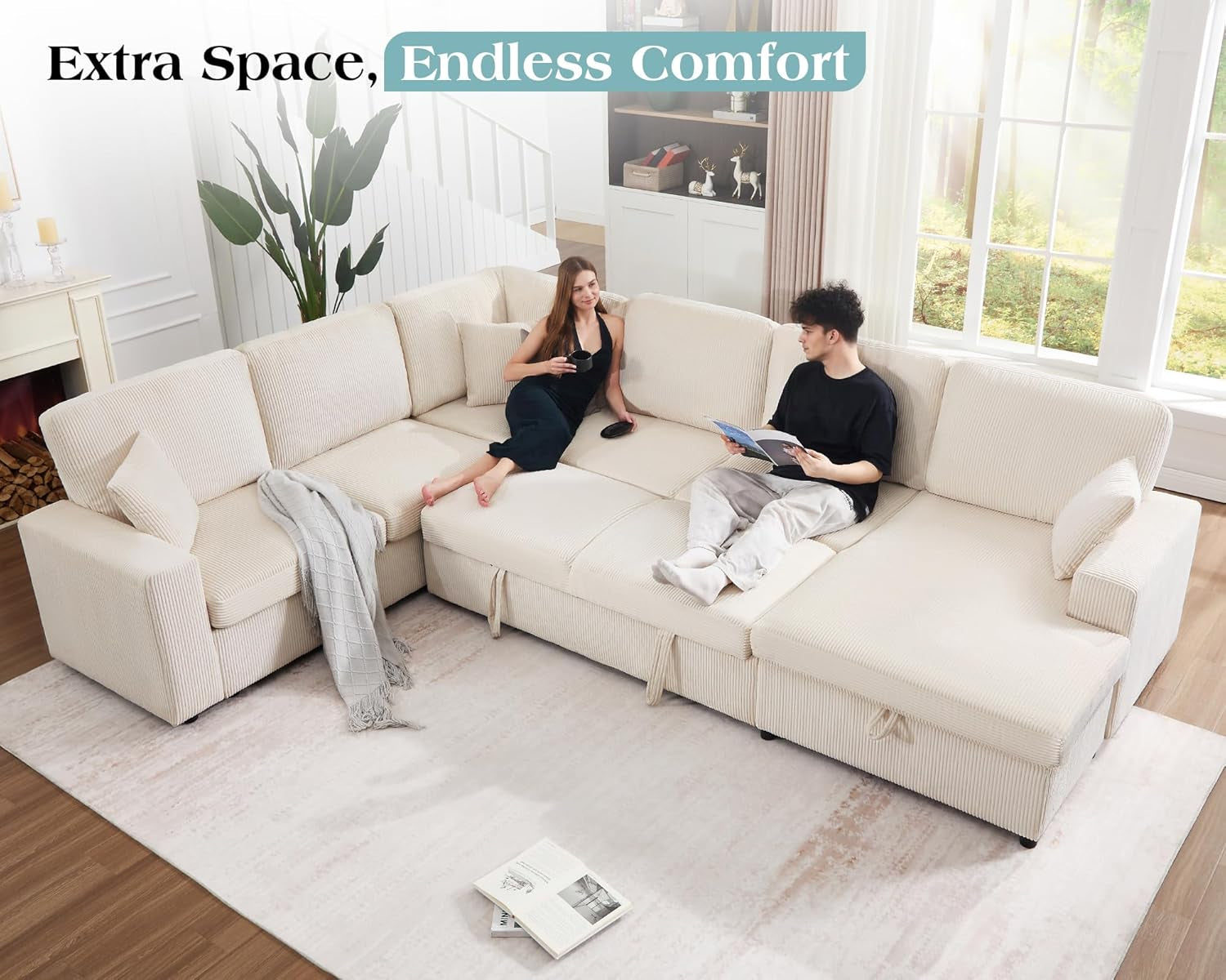 130 Inch Beige Corduroy Sectional Sofa Bed Storage Compartment