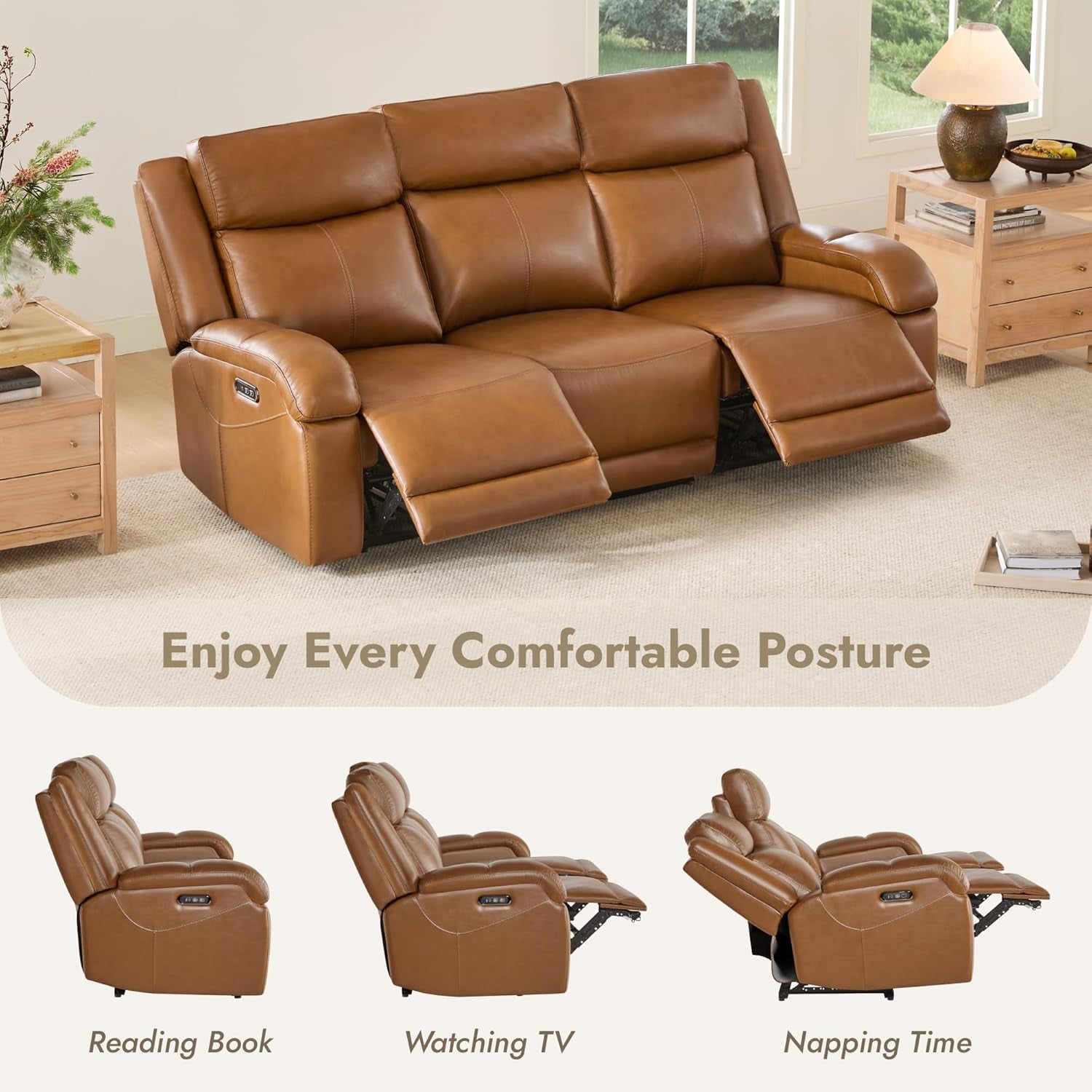 Genuine Leather Power Recliner Sofa 3 Seater USB Ports