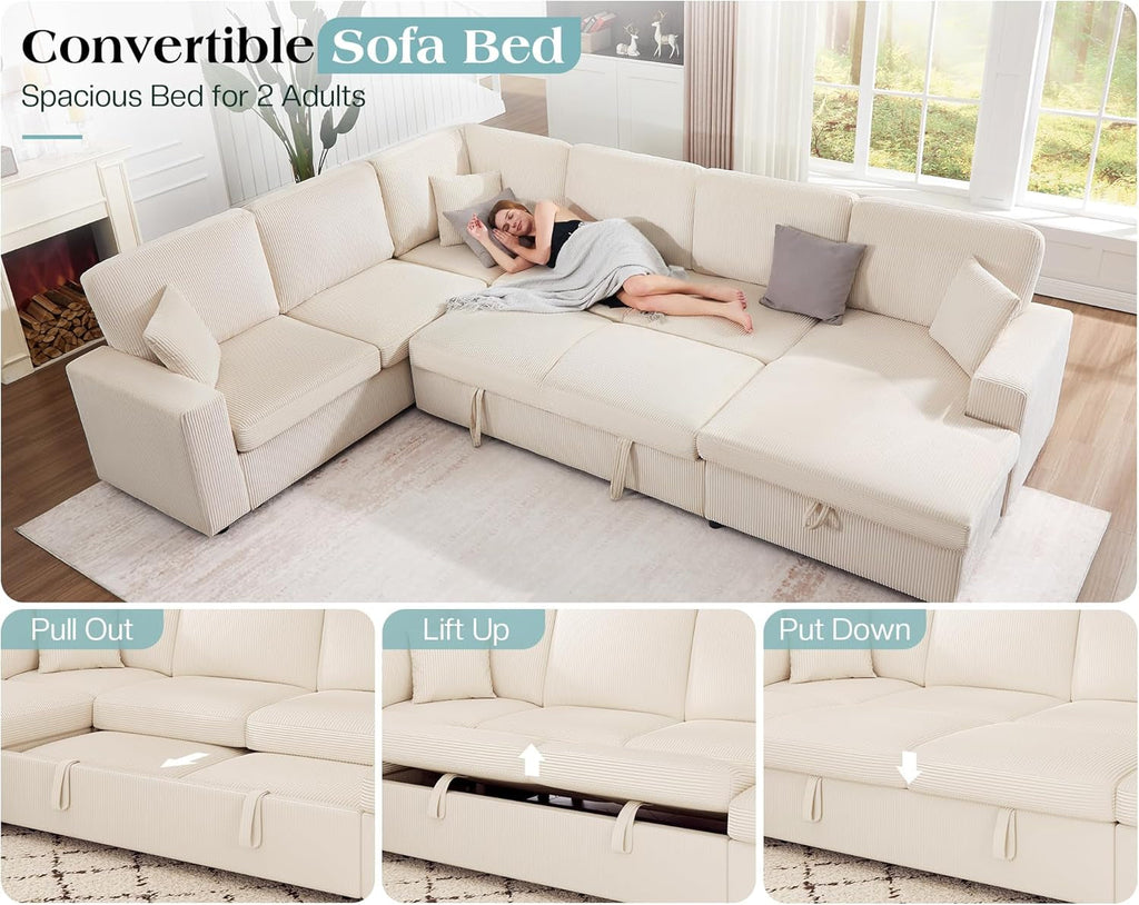 130 Inch Beige Corduroy Sectional Sofa Bed Storage Compartment