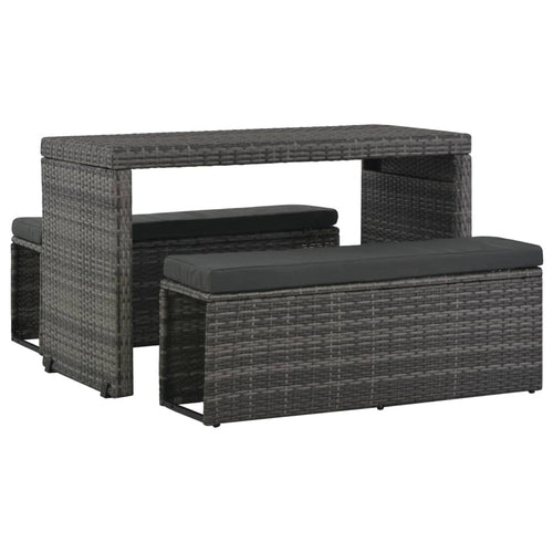 3-Piece Gray Woven Rattan Outdoor Dining Set with Benches