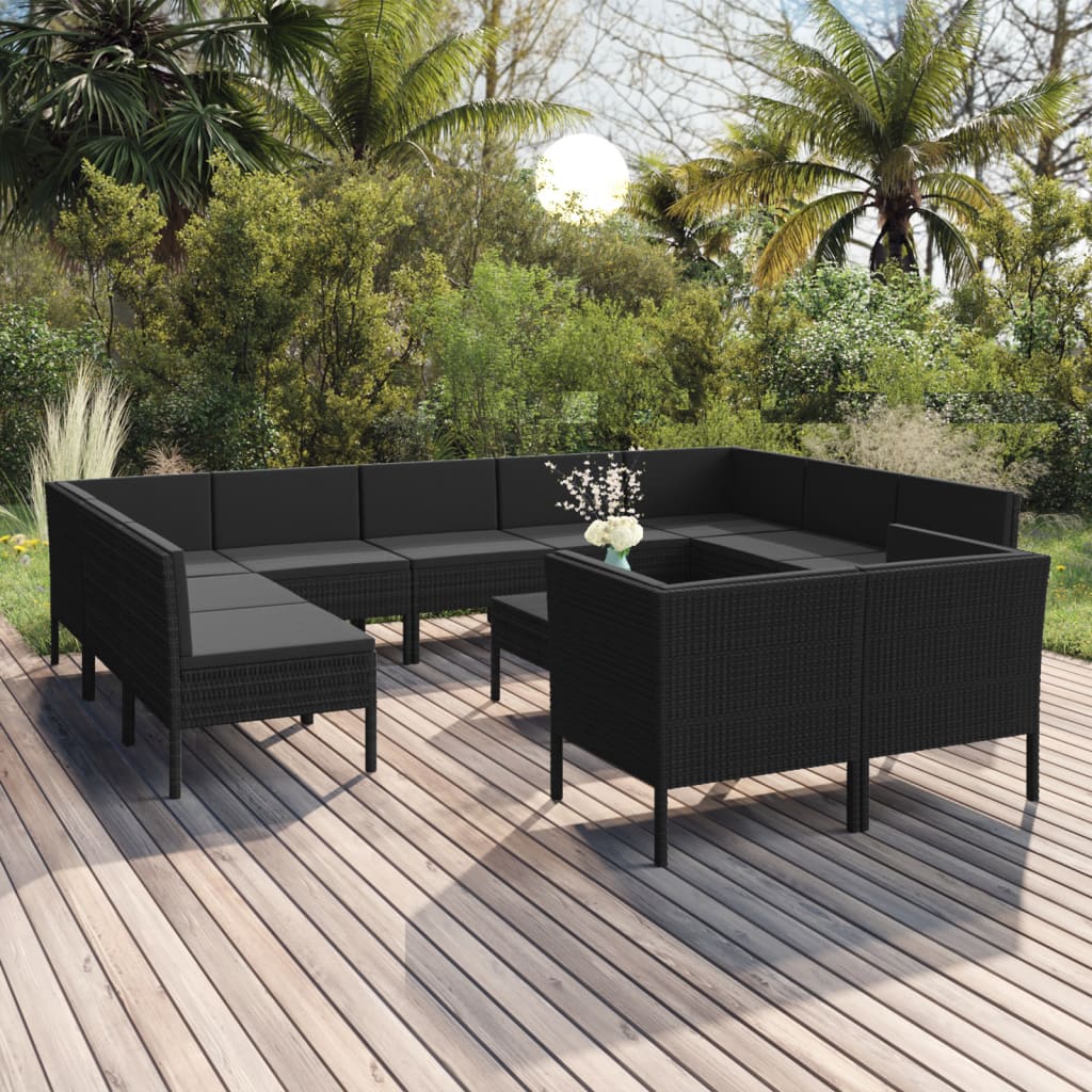 vidaXL 12 Piece Patio Lounge Set with Cushions Poly Rattan Black