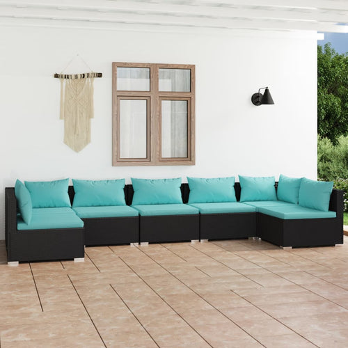 7-Piece Black Modular Rattan Outdoor Lounge Set with Cushions