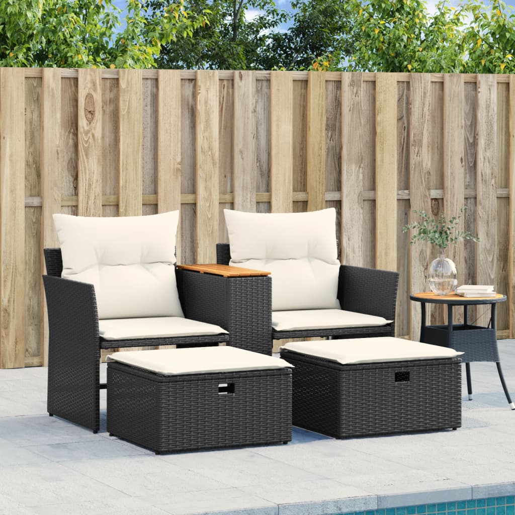 vidaXL Patio Sofa 2-Seater with Stools Black Poly Rattan