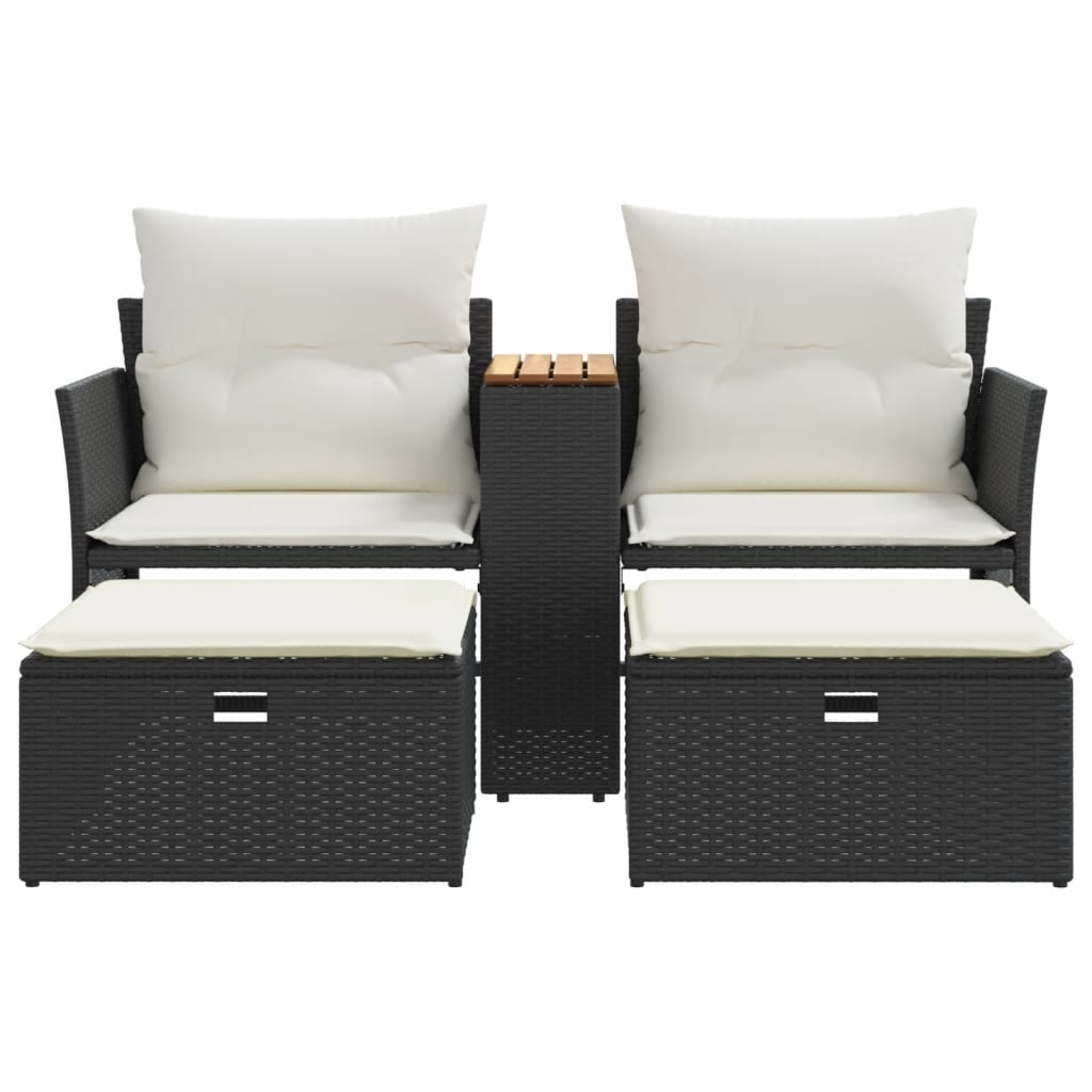 vidaXL Patio Sofa 2-Seater with Stools Black Poly Rattan