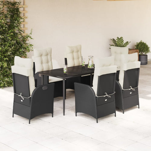 7-Piece Black Woven Rattan Outdoor Dining Set with Cushions