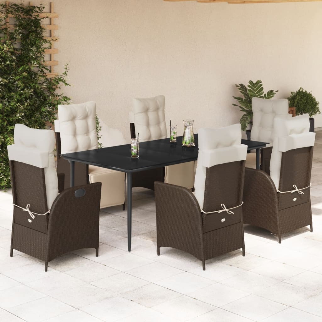 vidaXL 7 Piece Patio Dining Set with Cushions Brown Poly Rattan