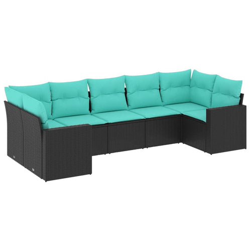 7-Piece Black Woven Rattan Outdoor Sofa Set with Cushions