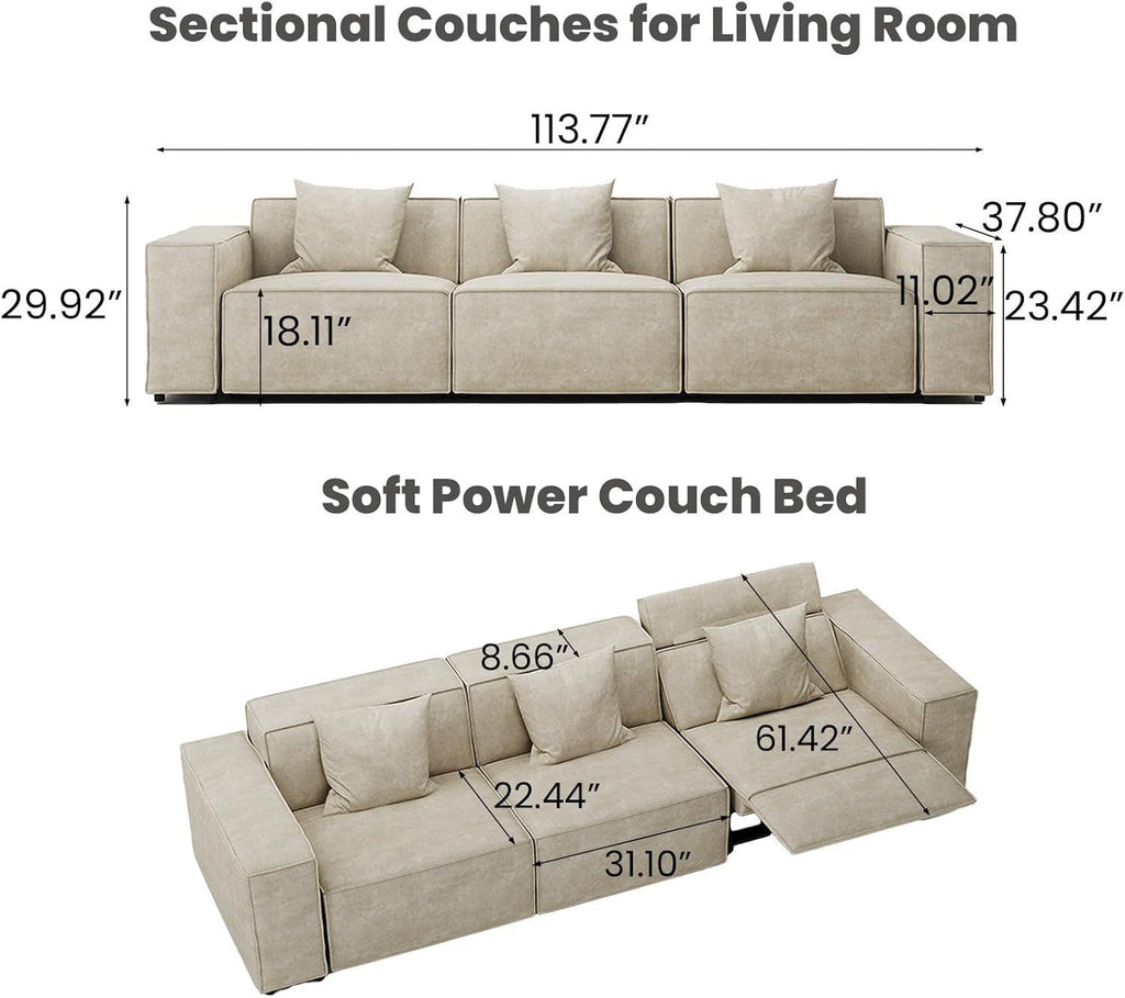 Modular Sectional Sofa With Velvet Beige Finish Recliner Compact Layout