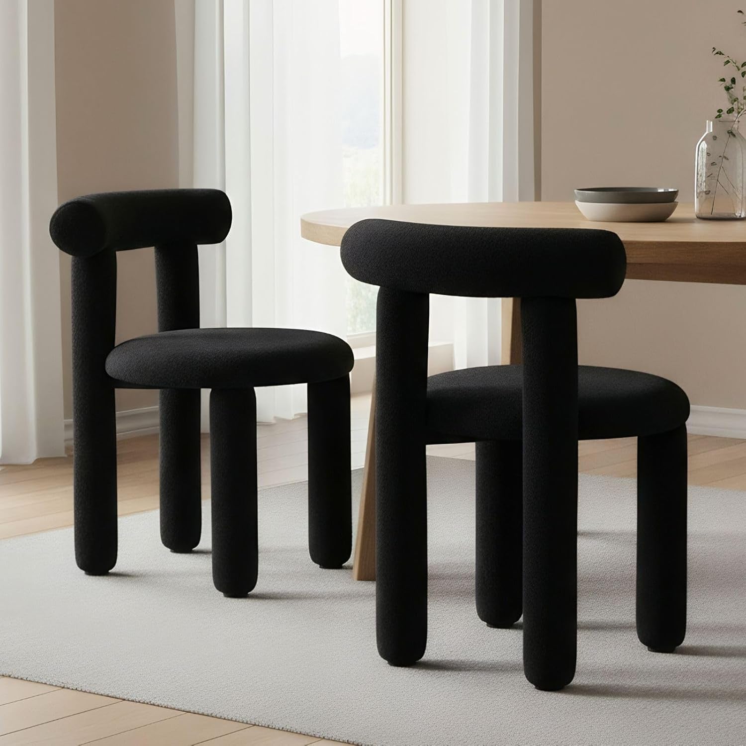 Black Modern Boucle Dining Chairs Sherpa Upholstered