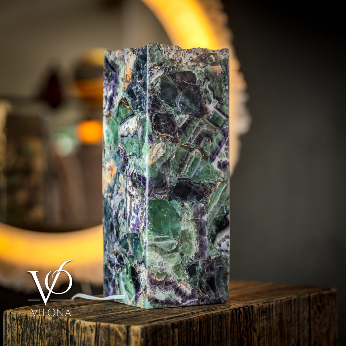 Fluorite Natural Stone Table Lamp, 16"