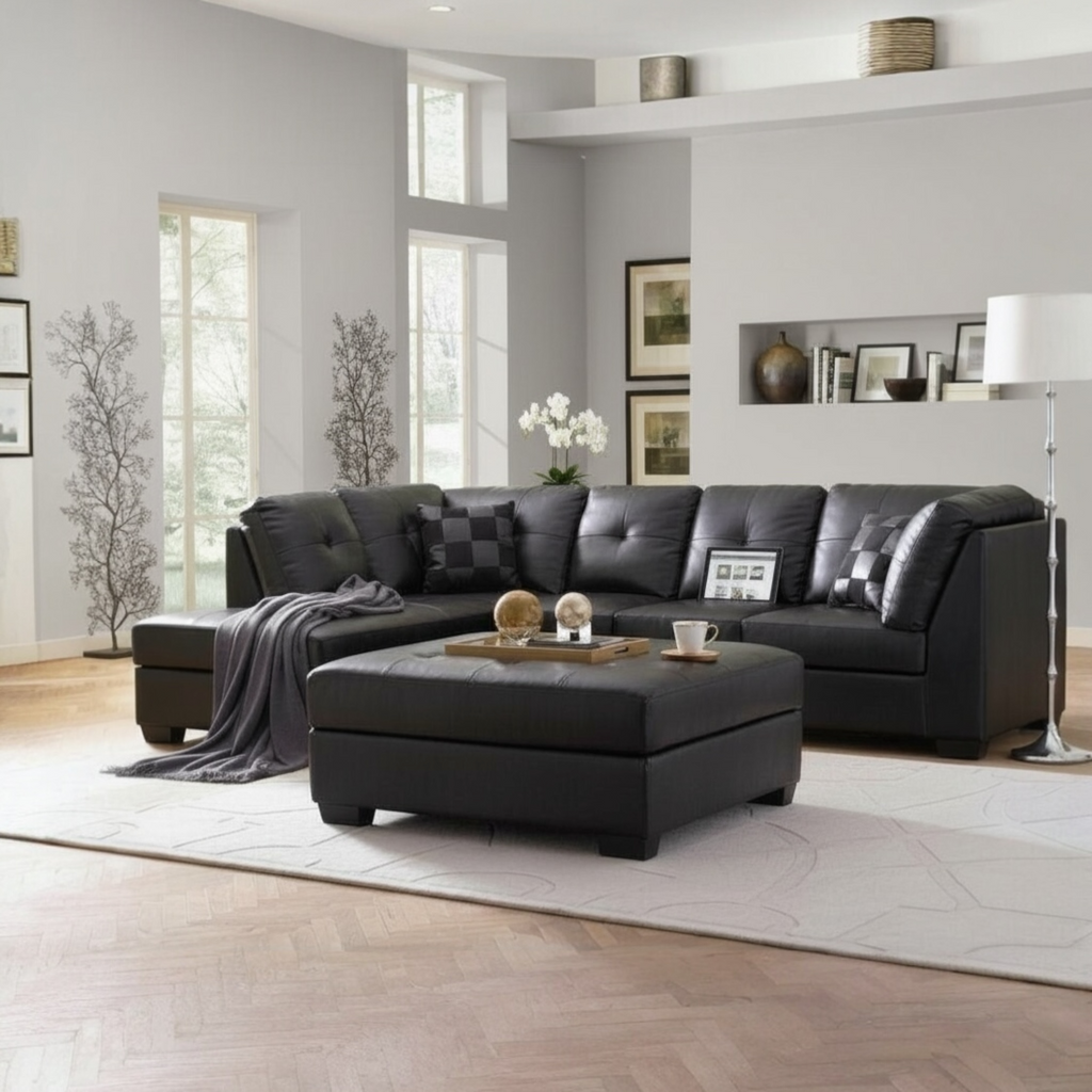 Modern Black Leather Sectional with Left-Facing Chaise