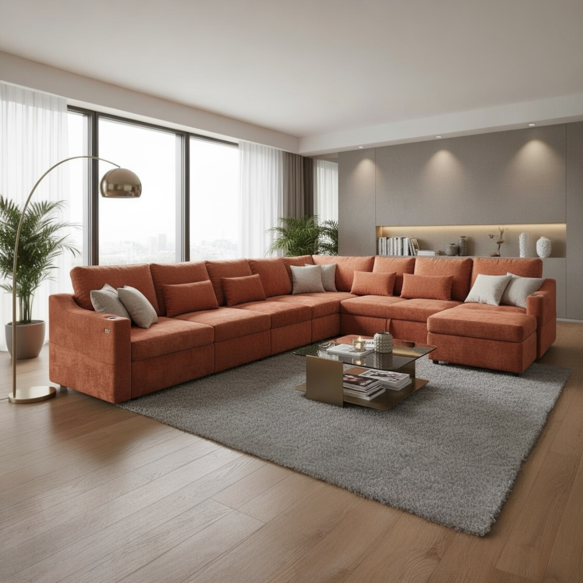 Orange Chenille Modular Sleeper Sofa with USB