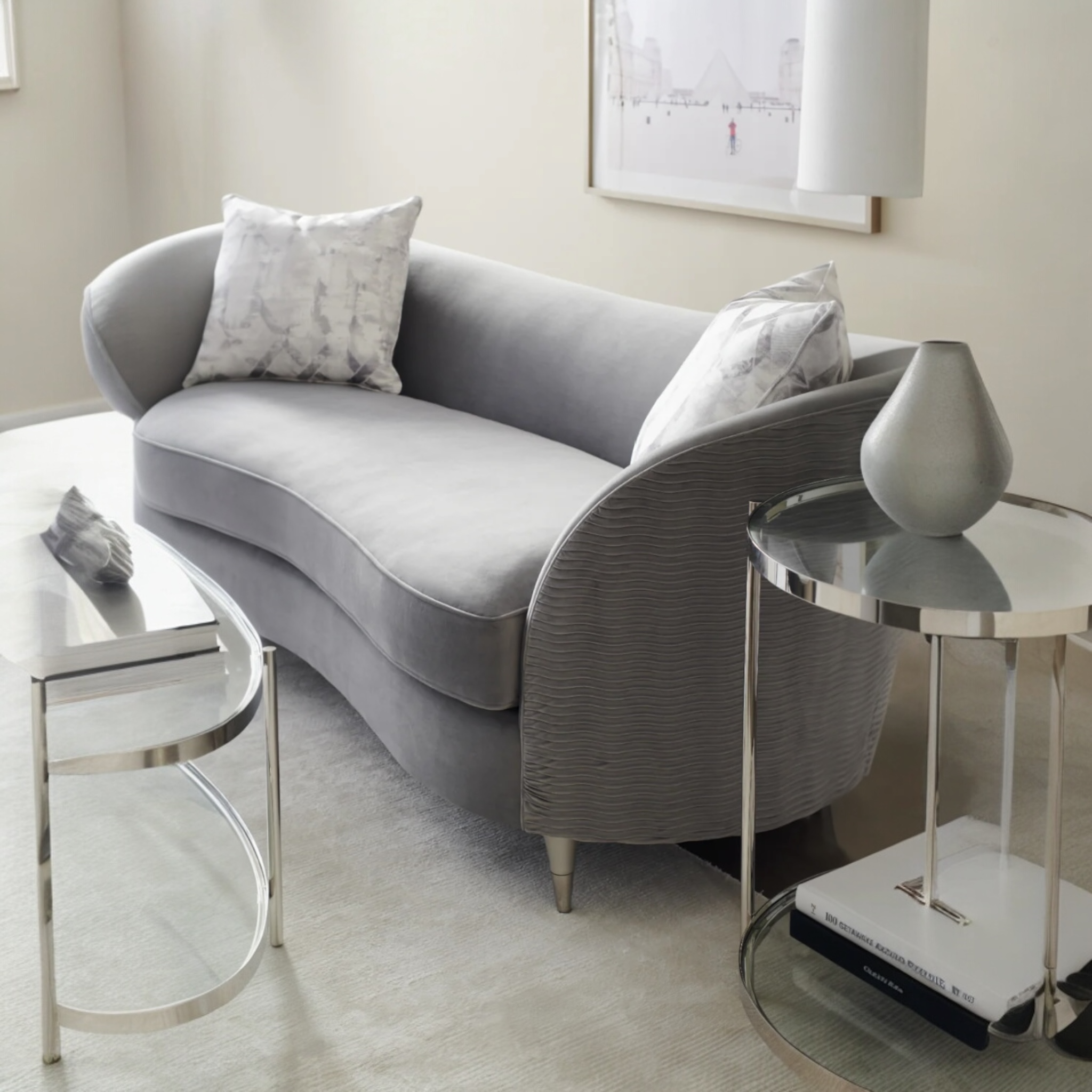 Gray Velvet Curved Sofa | Caracole Farrah