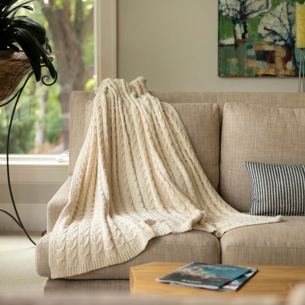 Handloomed Alpaca & Pima Cotton Cable Throw, Ivory