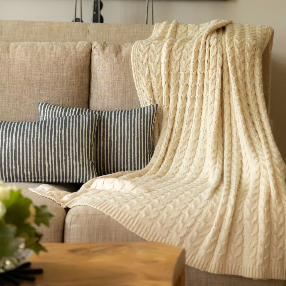 Handloomed Alpaca & Pima Cotton Cable Throw, Ivory