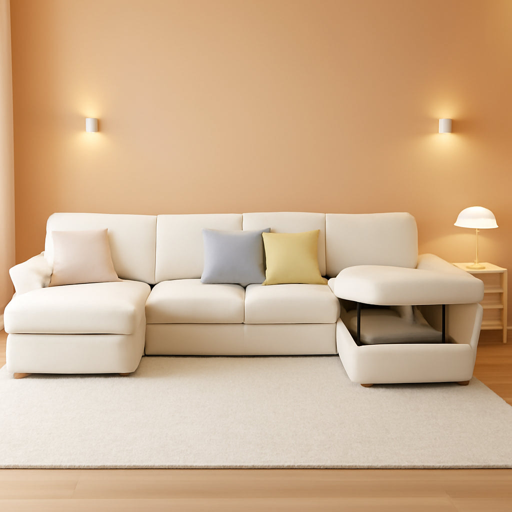 130 Inch Beige Corduroy Sectional Sofa Bed Storage Compartment