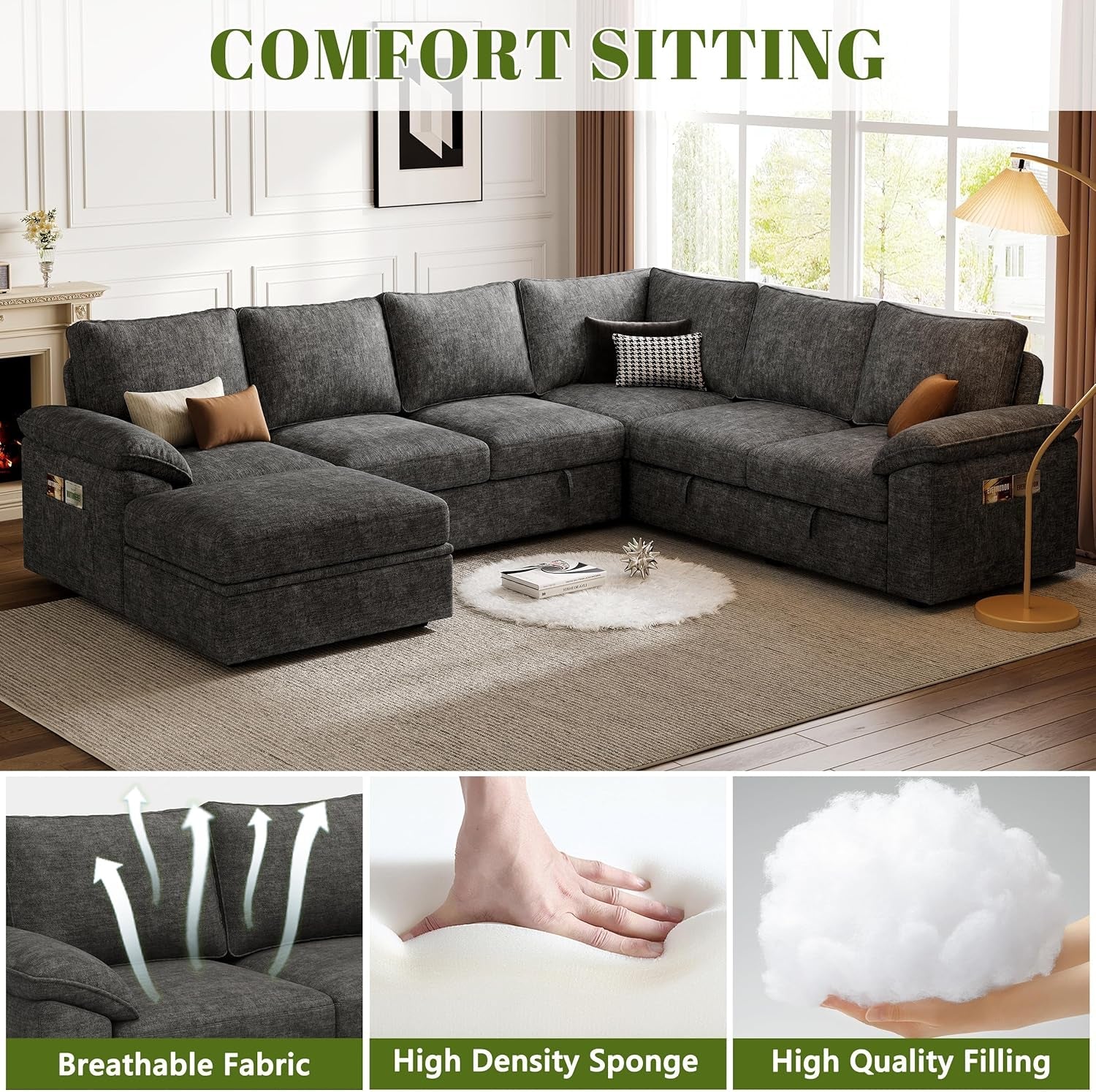 108 Inch Modular Sectional Sleeper Sofa CharcoalGrey