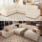 130 Inch Beige Corduroy Sectional Sofa Bed Storage Compartment