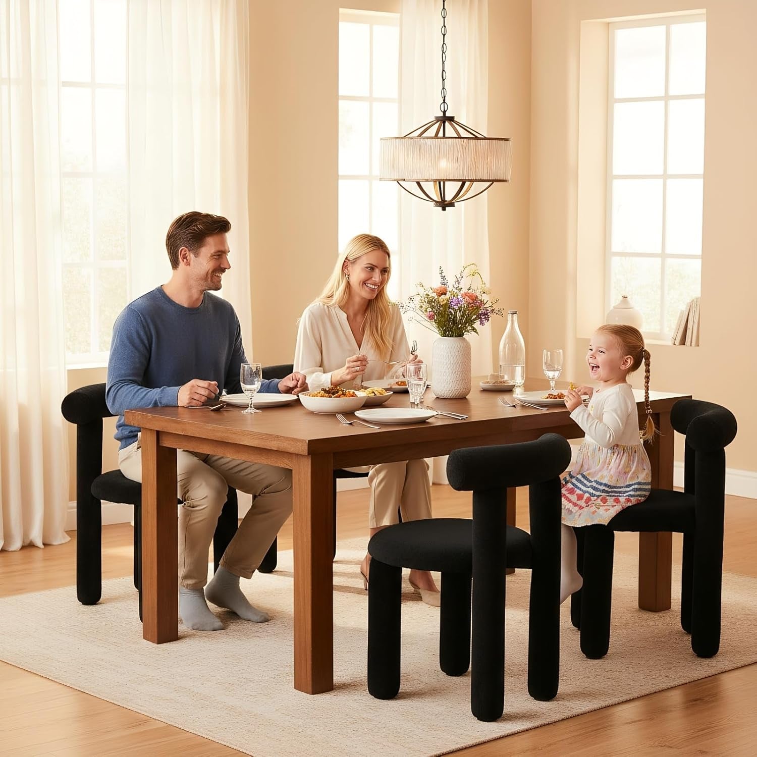 Black Modern Boucle Dining Chairs Sherpa Upholstered