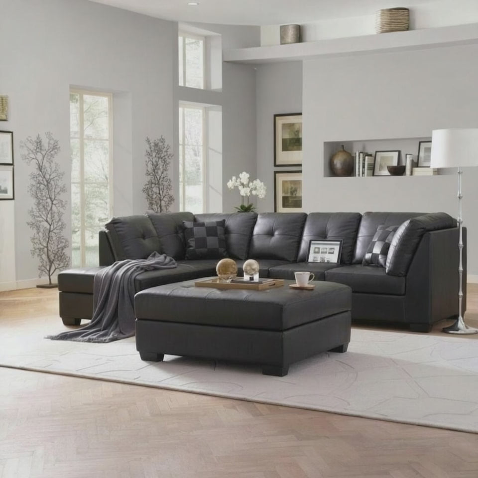 Modern Black Leather Sectional with Left-Facing Chaise